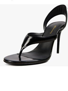 Wansseny Black Open Split Toe Slingback Thong Sandals High Heel Slip on Shoes